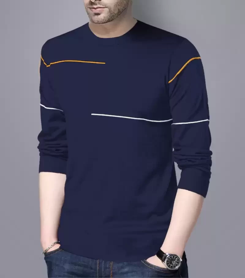 Striped Men Round Neck Blue T-Shirt